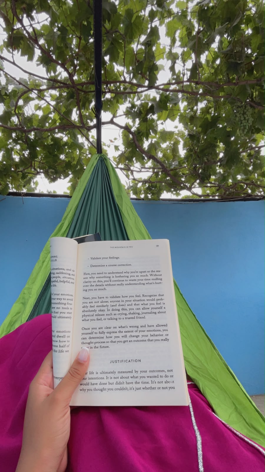Lecture dans un hamac sous la treille de vigne à Assif El Mal
