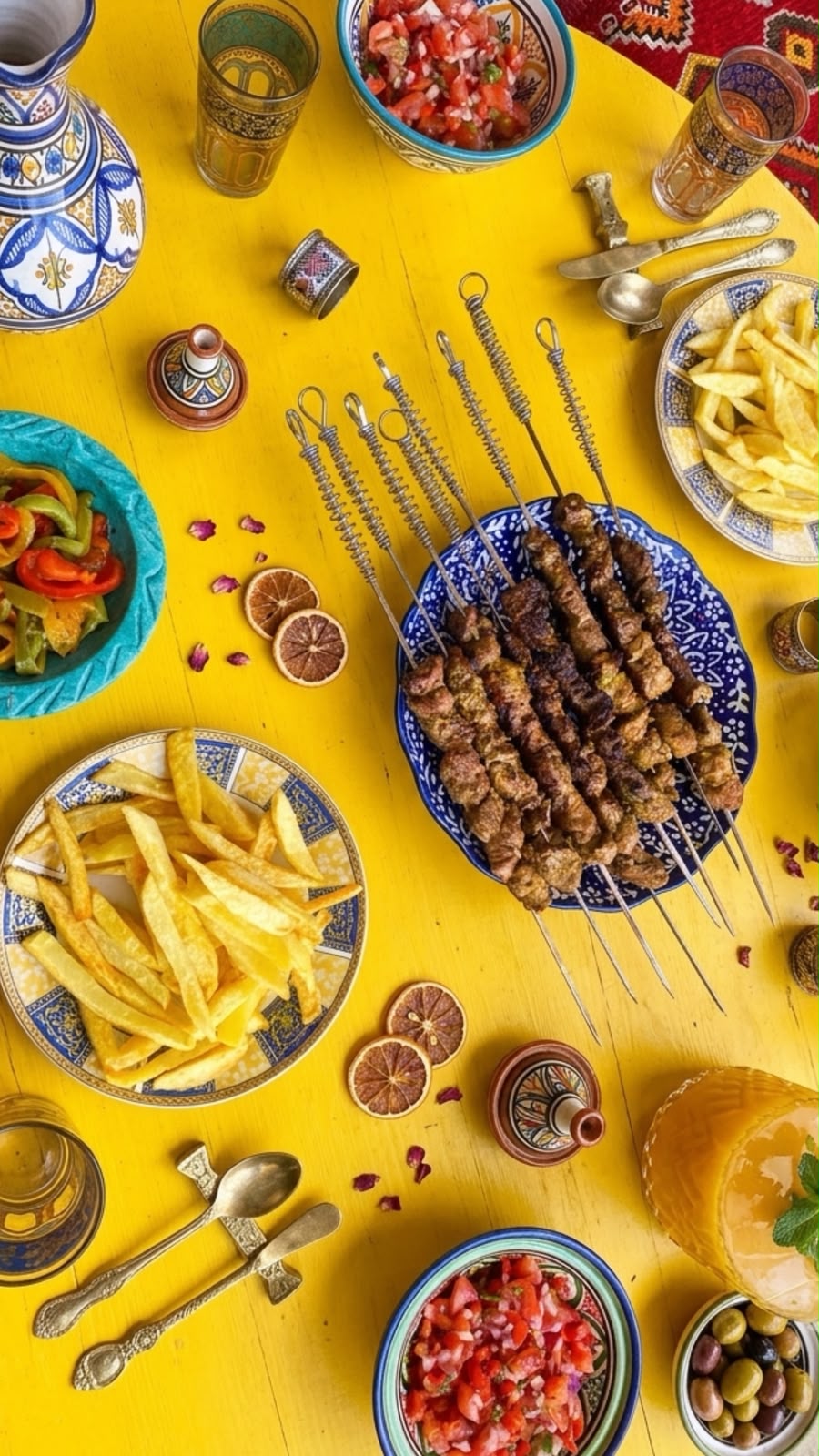 Brochettes, salades du potager et thé à la menthe du déjeuner Tayri Aura