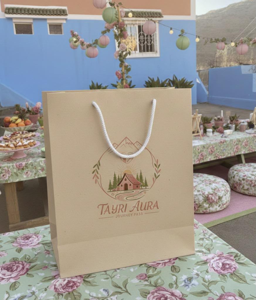 Sac cadeau Tayri Aura sur la terrasse décorée, souvenir de la journée exclusive