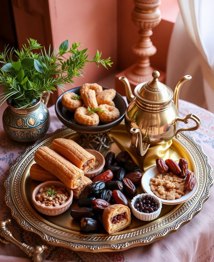 Buffet de pâtisseries marocaines et thé au coucher du soleil dans l'Atlas