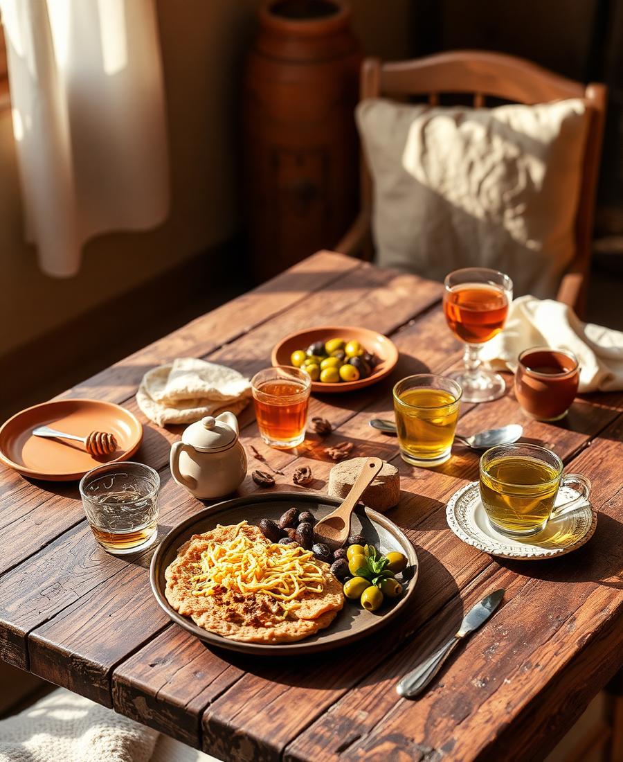 Petit-déjeuner marocain servi en terrasse face aux montagnes de l'Atlas, Tayri Aura