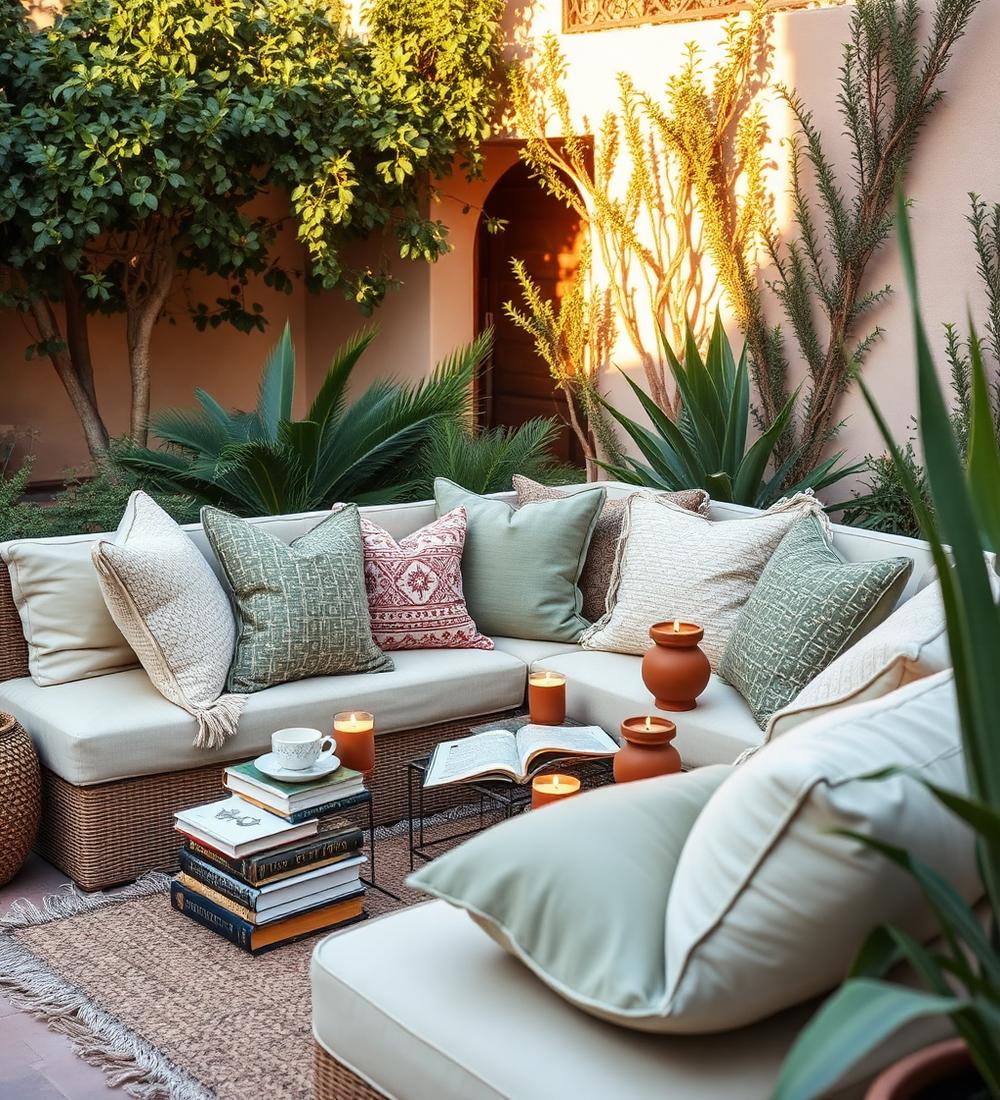 Coin lecture avec coussins dans le jardin