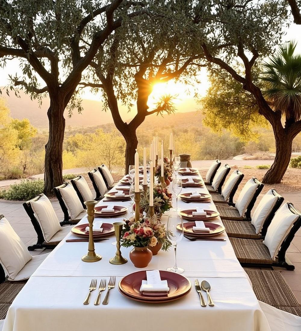 Table fleurie dressée sous les oliviers